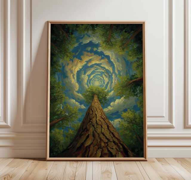 Forest Tree Trunk View Art Print, Sky Spiral Tunnel Poster, Deep Woods Nature Decor, Botanical Surrealism Painting - image 1