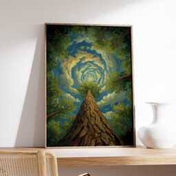 Forest Tree Trunk View Art Print, Sky Spiral Tunnel Poster, Deep Woods Nature Decor, Botanical Surrealism Painting - thumbnail 2