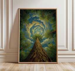 Forest Tree Trunk View Art Print, Sky Spiral Tunnel Poster, Deep Woods Nature Decor, Botanical Surrealism Painting - thumbnail 1