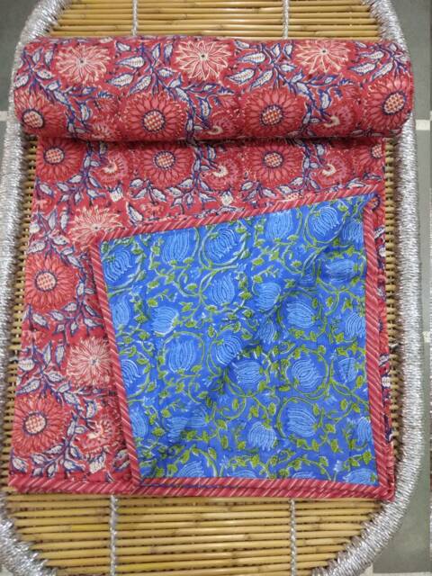 Hand Block Print Cotton Quilt Reversible Floral Ac Blanket - image 1