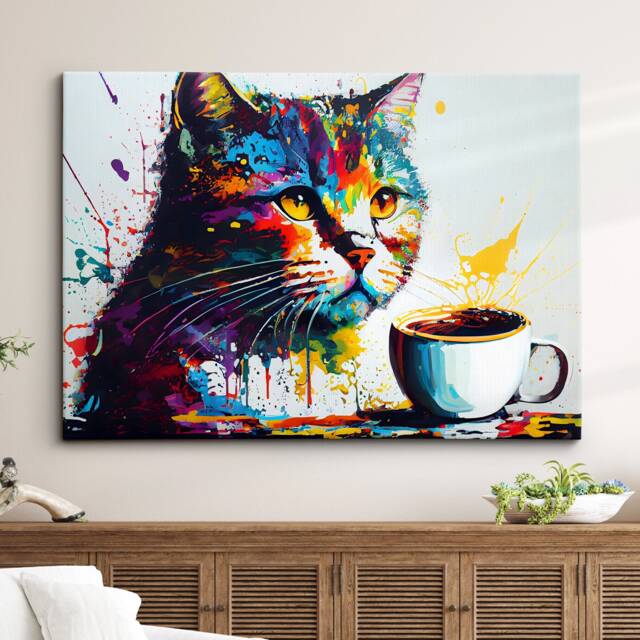 Cat With Coffee Mug Drink Animal Pet Abstract Modern Painting Wall Art, Framed Canvas Poster Print, Home Kitchen Office Room Decor, Gifts - image 1