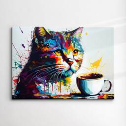 Cat With Coffee Mug Drink Animal Pet Abstract Modern Painting Wall Art, Framed Canvas Poster Print, Home Kitchen Office Room Decor, Gifts - thumbnail 3