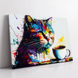 Cat With Coffee Mug Drink Animal Pet Abstract Modern Painting Wall Art, Framed Canvas Poster Print, Home Kitchen Office Room Decor, Gifts - thumbnail 2