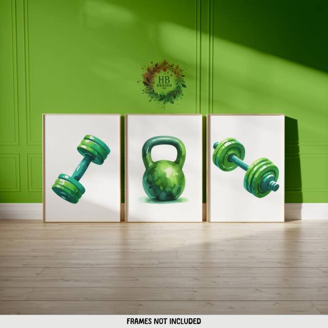 Green Home Gym Prints - 3 Fitness Posters - Minimalist Watercolour Design Sports Motivation Poster Athlete Decor Wall Art Gift - image 1