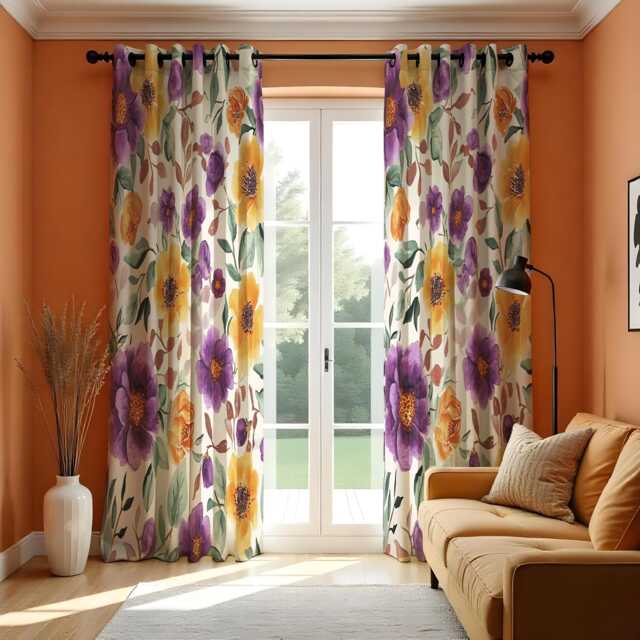 Watercolor Flower Curtains, Purple Yellow Floral Pattern Drapes, Made To Measure Window Panels - image 1