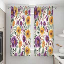 Watercolor Flower Curtains, Purple Yellow Floral Pattern Drapes, Made To Measure Window Panels - thumbnail 3