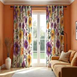 Watercolor Flower Curtains, Purple Yellow Floral Pattern Drapes, Made To Measure Window Panels
