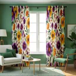 Watercolor Flower Curtains, Purple Yellow Floral Pattern Drapes, Made To Measure Window Panels - thumbnail 2