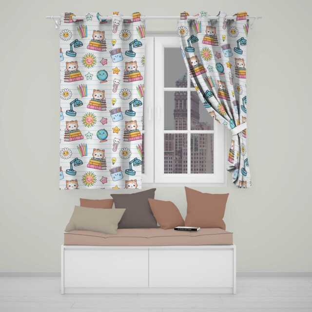 Cute Kawaii School Cat Books Crayons Stationery Seamless Pattern Readymade Eyelet Ring Top Thermal 100% Blackout Curtains - image 1