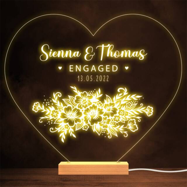 Flower Arrangement Heart Engagement Personalised Gift Warm Lamp Night Light - image 1