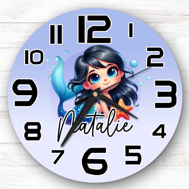 Black Hair Mermaid Personalised Gift For Kid's Bedroom Clock - Kids Clock, Children's Decor, Custom Wall - image 1