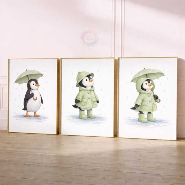 Penguin Nursery Prints - Set Of 3 Sage Green Girls Wall Art, Girl Animal Decor - image 1