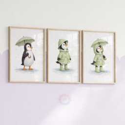 Penguin Nursery Prints - Set Of 3 Sage Green Girls Wall Art, Girl Animal Decor - thumbnail 2
