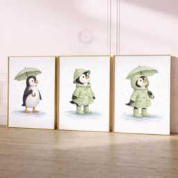 Penguin Nursery Prints - Set Of 3 Sage Green Girls Wall Art, Girl Animal Decor - thumbnail 1