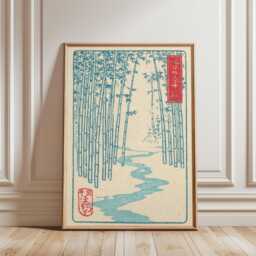 Blue Bamboo Forest Poster - Japanese Woodblock River Landscape Minimal Zen Nature Art - thumbnail 1