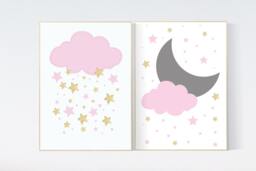 Pink Gold Cloud Nursery Decor Baby Girl Room Wall Art - thumbnail 1