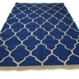Blue & White Handwoven Rug, Cotton Wool Blend - 3.1 X 5 Ft - thumbnail 2