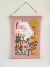 Textile Poster Pink, Abstract Cutout Bird, 45x65 cm, Up in The Air, Small Wall Hanging, Textile Decoration With Birch Sticks, Living