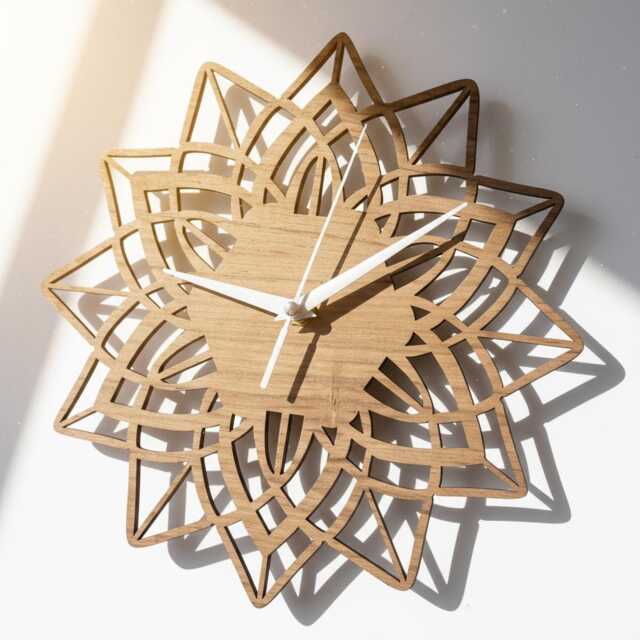 Boho Floral Mandala Wooden Wall Clock Laser Cut Silent Timepiece - image 1