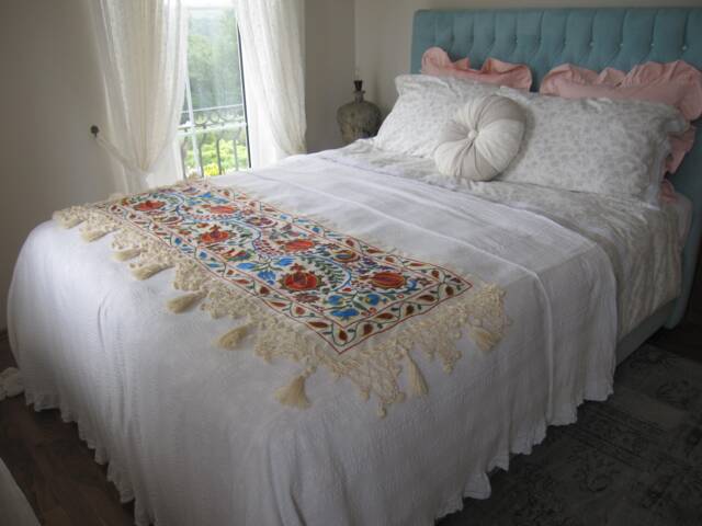 Embroidered Suzani Bed Scarf Runner Throw With Fringe, Bohemian Decor - image 1