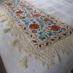 Embroidered Suzani Bed Scarf Runner Throw With Fringe, Bohemian Decor - thumbnail 2