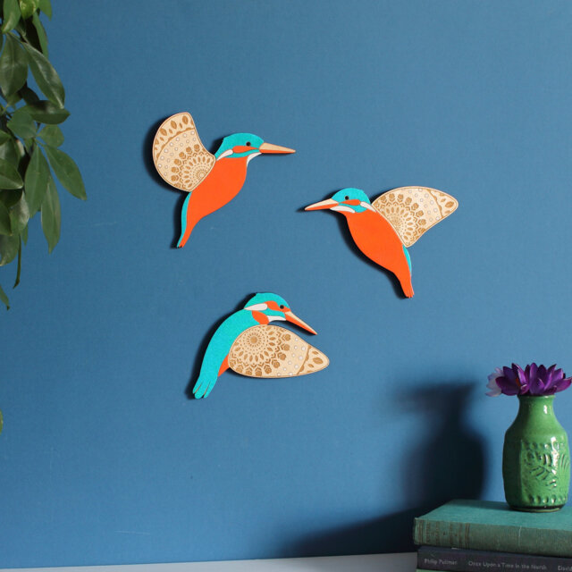 Folk Art Flying Wooden Kingfishers - Hand Painted Wall Decor Hangings - image 1