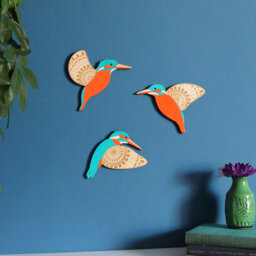 Folk Art Flying Wooden Kingfishers - Hand Painted Wall Decor Hangings - thumbnail 1