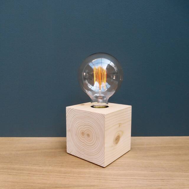 Handmade Wooden Cube Table Lamp Modern Bedside Accent Light - image 1