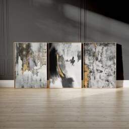 Abstract Art Set Of 3 Prints, Black Grey Gold, Brush Strokes, Paint Home Decor, Living Room, Bedroom Minimalist - thumbnail 1