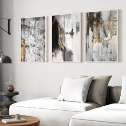 Abstract Art Set Of 3 Prints, Black Grey Gold, Brush Strokes, Paint Home Decor, Living Room, Bedroom Minimalist - thumbnail 2