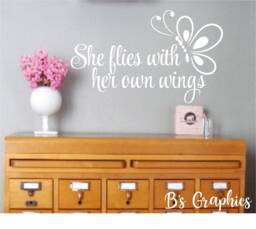 She Flies With Her Own Wings - Vinyl Wall Decal - Quote - Poetry - Nursery Decor - Girls Bedroom Art - Quotes - thumbnail 1