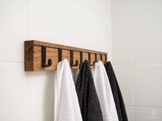 Towel Hanger - Solid Oak Wood Block Bathroom Accessories Black Or White Hangers- Wall-Mounted Shelf With Hangers Rustic Bathroom - image 1