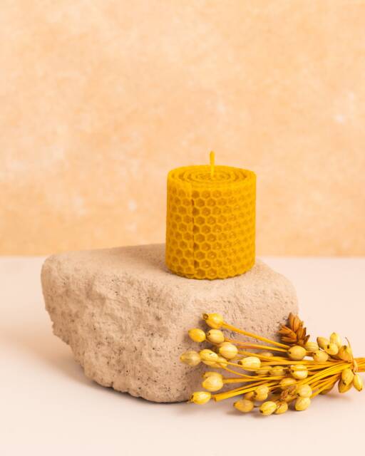 Handrolled Beeswax Candle - Small 5cm Honeycomb Pillar Christmas Eco Gift - image 1