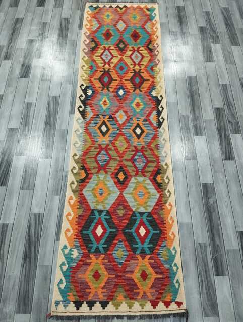 Tribal Runner Rug, Handmade Artisan Afghan Turkish Scandinavian Navajo Bohemian Flatweave Wool Kilim Rug 302x79 cm - image 1