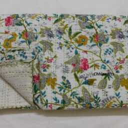 Floral Kantha Quilt Throw, Reversible Cotton Bedcover - thumbnail 4