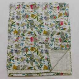 Floral Kantha Quilt Throw, Reversible Cotton Bedcover - thumbnail 3