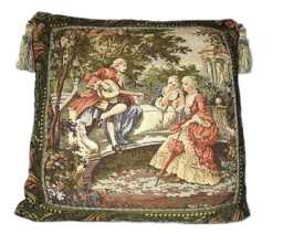 Belgian French Tapestry Pillow With Tassels in Red Gold Green For Sofa Living Room - thumbnail 1