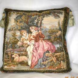 Belgian French Tapestry Pillow With Tassels in Red Gold Green For Sofa Living Room - thumbnail 2