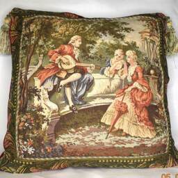Belgian French Tapestry Pillow With Tassels in Red Gold Green For Sofa Living Room - thumbnail 3
