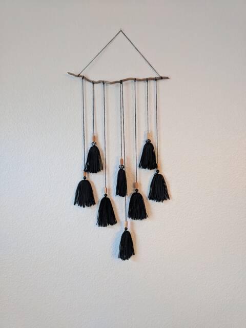 Black Tassel Macrame Wall Hanging - Wood & Ceramic Beads, Wool Fiber Art - image 1