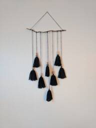 Black Tassel Macrame Wall Hanging - Wood & Ceramic Beads, Wool Fiber Art