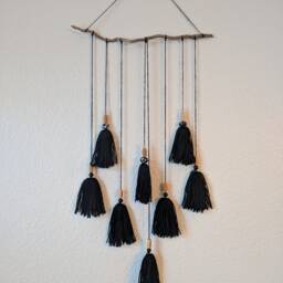 Black Tassel Macrame Wall Hanging - Wood & Ceramic Beads, Wool Fiber Art - thumbnail 2