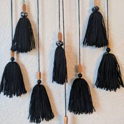 Black Tassel Macrame Wall Hanging - Wood & Ceramic Beads, Wool Fiber Art - thumbnail 3