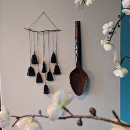 Black Tassel Macrame Wall Hanging - Wood & Ceramic Beads, Wool Fiber Art - thumbnail 4