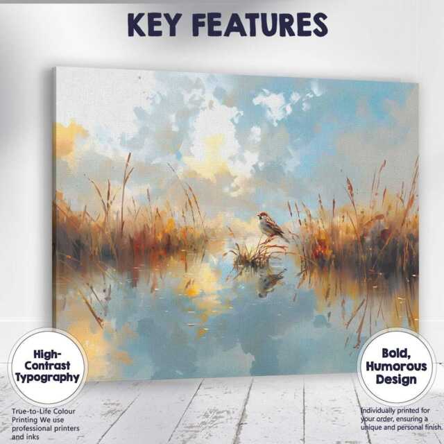 Watercolour Sparrow Wetland Reflection Landscape Soft Blue Sky Canvas Wall Art Print Decor Picture Ready To Hang - image 1