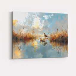 Watercolour Sparrow Wetland Reflection Landscape Soft Blue Sky Canvas Wall Art Print Decor Picture Ready To Hang - thumbnail 4