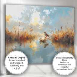 Watercolour Sparrow Wetland Reflection Landscape Soft Blue Sky Canvas Wall Art Print Decor Picture Ready To Hang - thumbnail 3