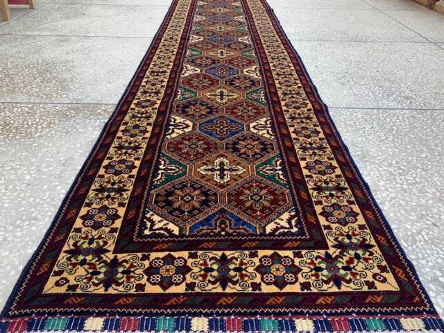 Handmade Wool Runner Rug Afghan Tribal Hallway Rug - 391x90cm - image 1