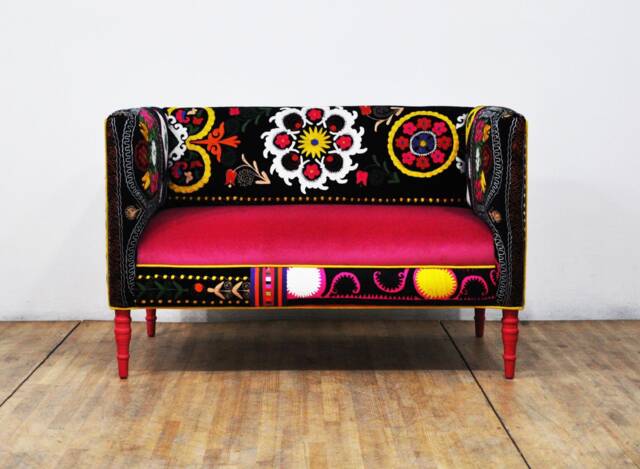 Vintage Suzani Loveseat Thai Hmong & Pink Velvet Upholstery - image 1