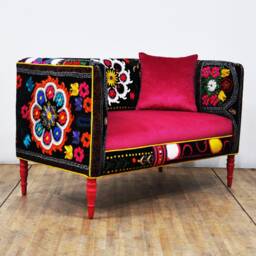 Vintage Suzani Loveseat Thai Hmong & Pink Velvet Upholstery - thumbnail 3